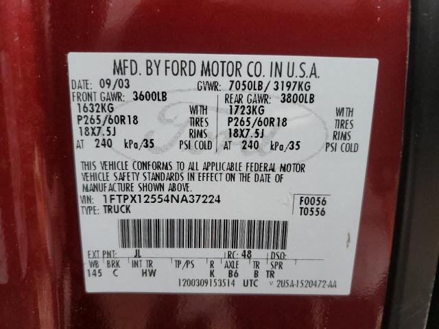 1FTPX12554NA37224 - 2004 FORD F150 Burgund zdjęcie 12