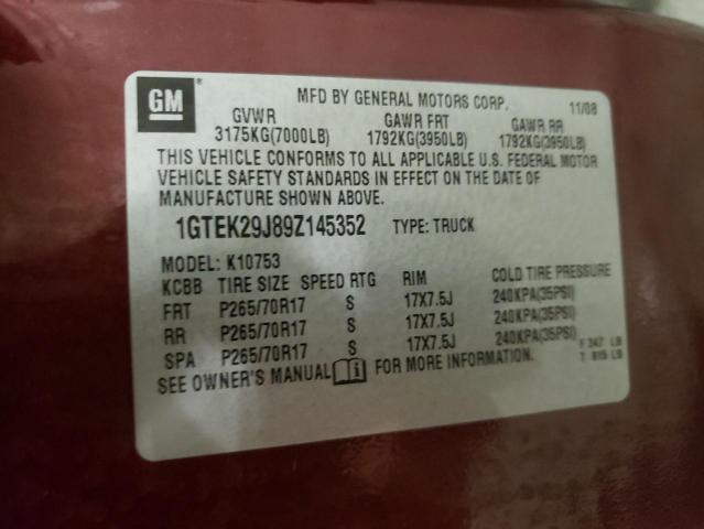 1GTEK29J89Z145352 - 2009 GMC SIERRA K1500 SLE MAROON photo 12