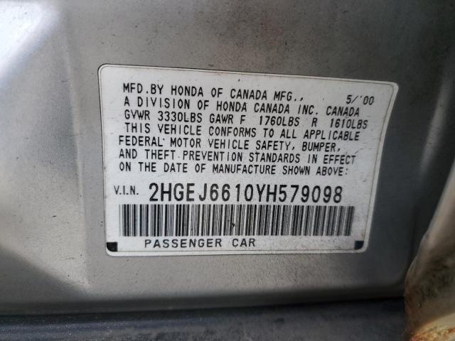 2HGEJ6610YH579098 - 2000 HONDA CIVIC BASE 银色 照片 12