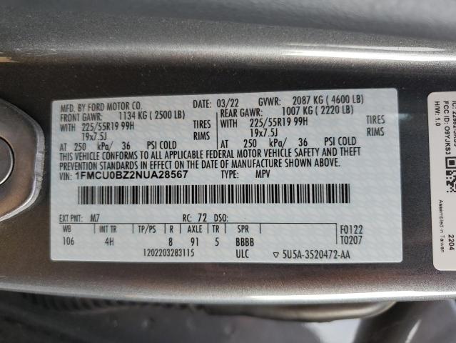 1FMCU0BZ2NUA28567 - 2022 FORD ESCAPE SE GRAY photo 13