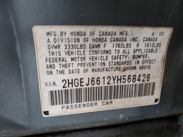 2HGEJ6612YH568426 - 2000 HONDA CIVIC BASE Mavi foto 12