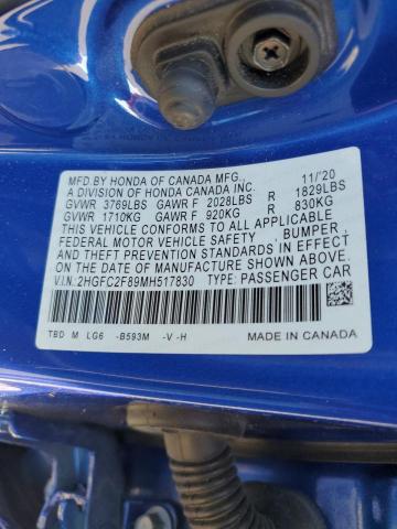 2HGFC2F89MH517830 - 2021 HONDA CIVIC SPORT 蓝色 照片 12