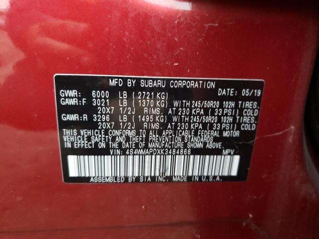 4S4WMAPDXK3484866 - 2019 SUBARU ASCENT LIMITED RED photo 12