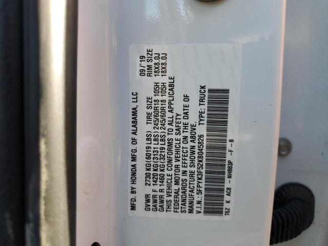 5FPYK3F52KB045826 - 2019 HONDA RIDGELINE RTL WHITE photo 13