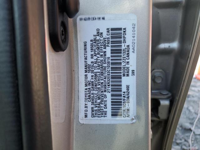 2T1KR32E83C103816 - 2003 TOYOTA COROLLA MA XR SILVER photo 13