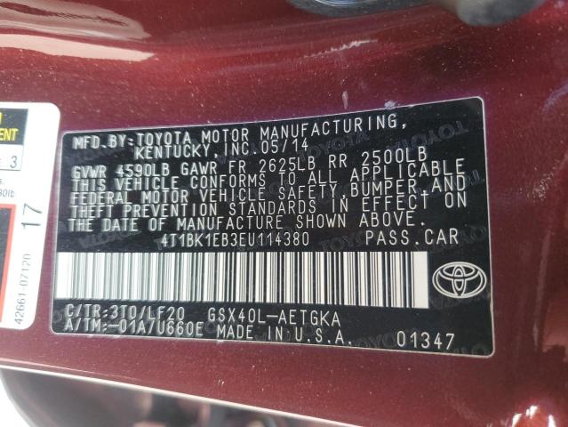 4T1BK1EB3EU114380 - 2014 TOYOTA AVALON BASE 红色 照片 12