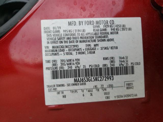 MAJ6S3GL5KC272993 - 2019 FORD ECOSPORT SE BURGUNDY photo 12