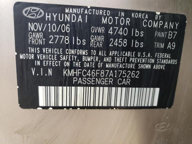 KMHFC46F87A175262 - 2007 HYUNDAI AZERA SE BEIGE photo 12