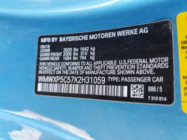 WMWXP5C57K2H31059 - 2019 MINI COOPER BLUE photo 12