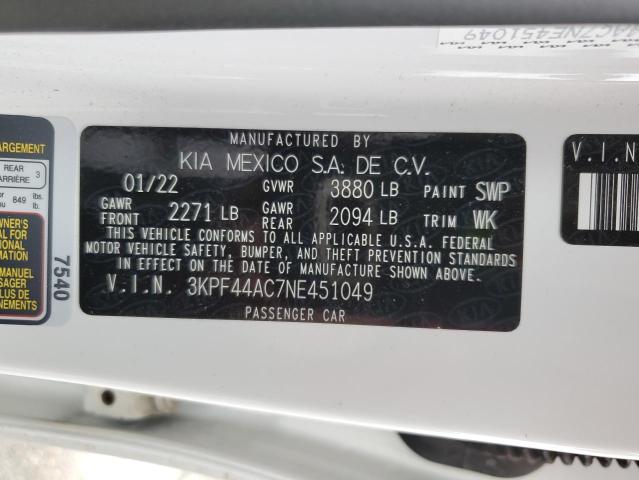 3KPF44AC7NE451049 - 2022 KIA FORTE GT WHITE photo 12