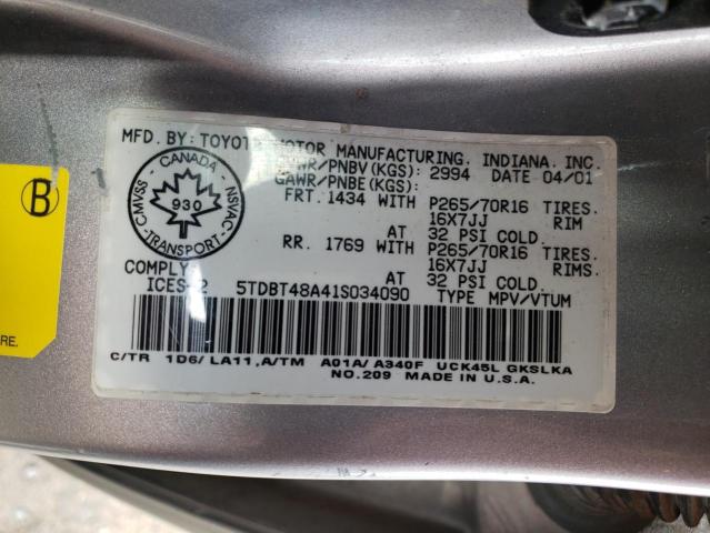 5TDBT48A41S034090 - 2001 TOYOTA SEQUOIA LIMITED SILVER photo 12