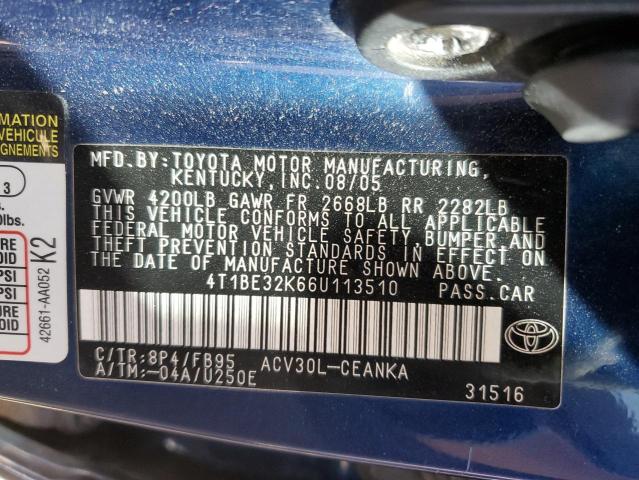 4T1BE32K66U113510 - 2006 TOYOTA CAMRY LE BLUE photo 12