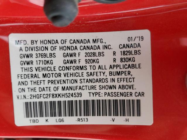 2HGFC2F8XKH524539 - 2019 HONDA CIVIC SPORT 红色 照片 12