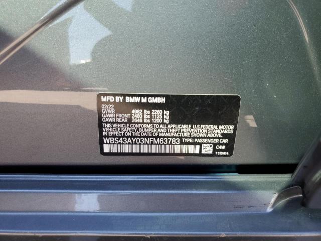 WBS43AY03NFM63783 - 2022 BMW M3 COMPETITION GRAY photo 12