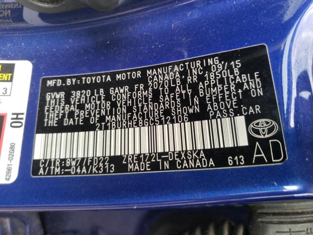 2T1BURHE8GC512106 - 2016 TOYOTA COROLLA L BLUE photo 12