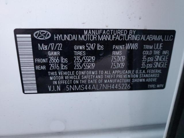 5NMS44AL7NH445226 - 2022 HYUNDAI SANTA FE LIMITED WHITE photo 14