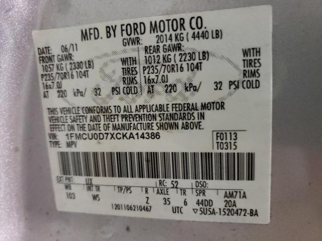 1FMCU0D7XCKA14386 - 2012 FORD ESCAPE XLT SILVER photo 12