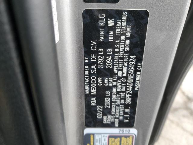 3KPF24AD6NE464924 - 2022 KIA FORTE FE GRAY photo 12