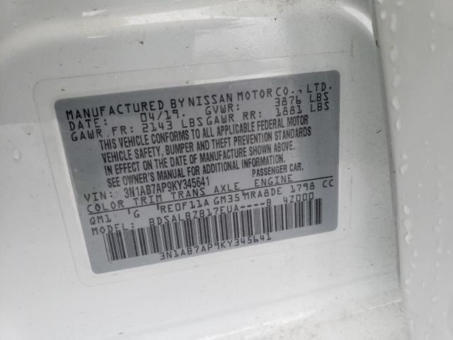 3N1AB7AP9KY345641 - 2019 NISSAN SENTRA S WHITE photo 12