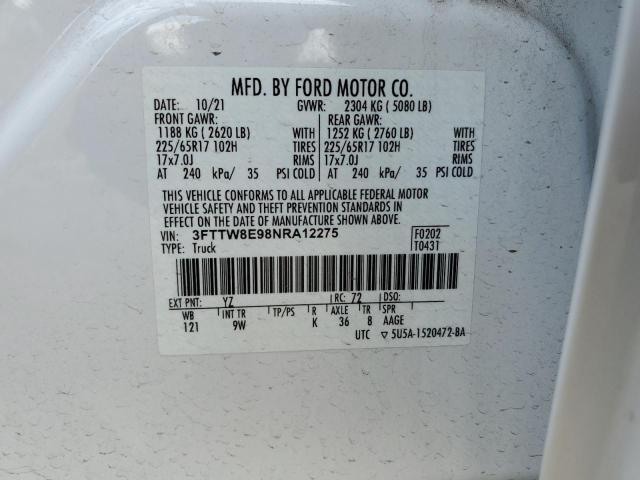 3FTTW8E98NRA12275 - 2022 FORD MAVERICK XL WHITE photo 12