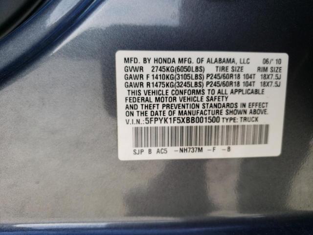 5FPYK1F5XBB001500 - 2011 HONDA RIDGELINE RTL CHARCOAL photo 12