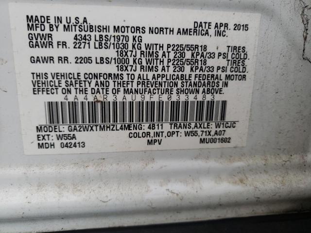 4A4AR3AU9FE033483 - 2015 MITSUBISHI OUTLANDER ES WHITE photo 13