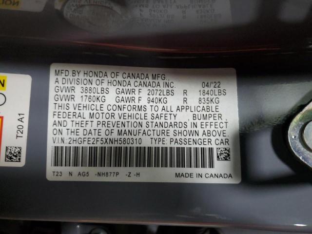 2HGFE2F5XNH580310 - 2022 HONDA CIVIC SPORT ლურჯი ფოტო 13