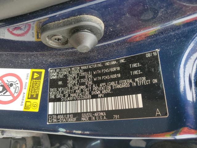 5TDJKRFH7GS326689 - 2016 TOYOTA HIGHLANDER XLE Көк фото 13