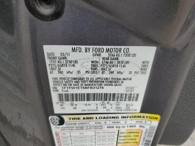 1FTFW1ET5BFB31278 - 2011 FORD F150 SUPERCREW GRAY photo 12
