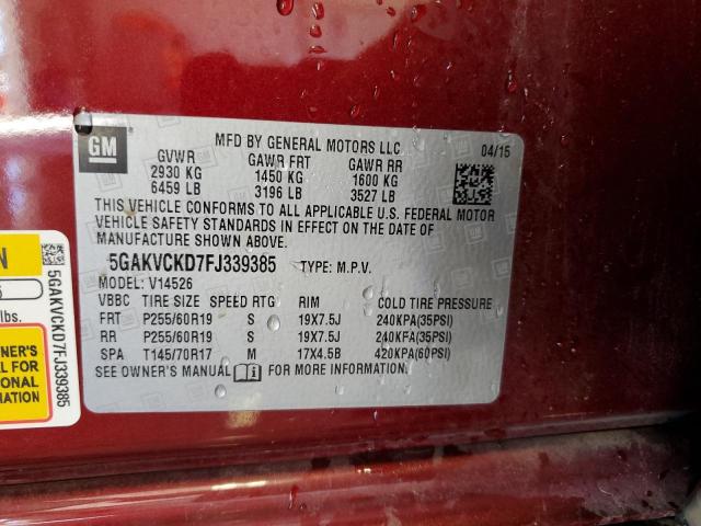 5GAKVCKD7FJ339385 - 2015 BUICK ENCLAVE RED photo 13