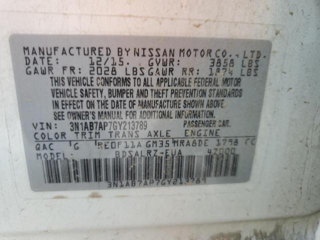 3N1AB7AP7GY213789 - 2016 NISSAN SENTRA S WHITE photo 12