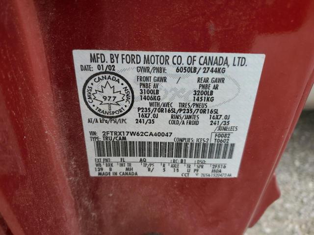 2FTRX17W62CA40047 - 2002 FORD F150 RED photo 12