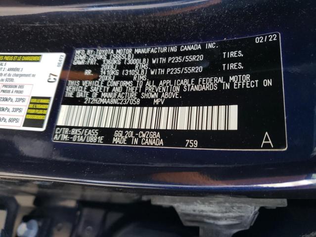 2T2HZMAA8NC237058 - 2022 LEXUS RX 350 BLUE photo 13