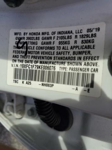 19XFC1F79KE006076 - 2019 HONDA CIVIC EXL თეთრი ფოტო 12