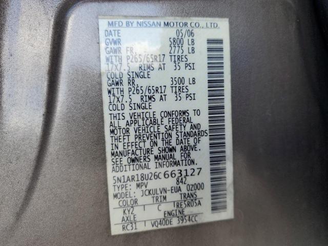 5N1AR18U26C663127 - 2006 NISSAN PATHFINDER LE TAN photo 13