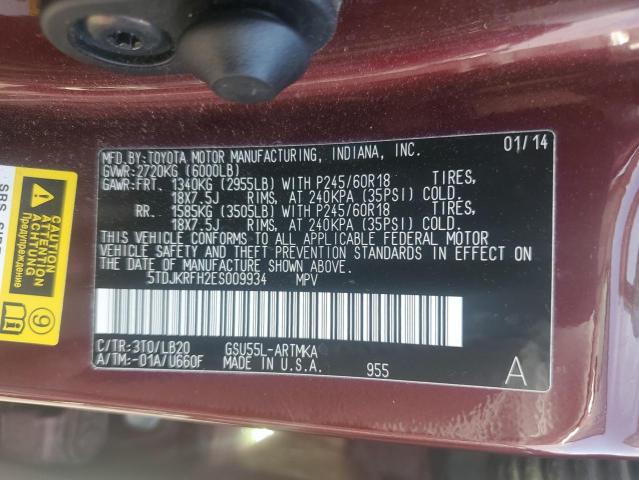 5TDJKRFH2ES009934 - 2014 TOYOTA HIGHLANDER XLE RED photo 13