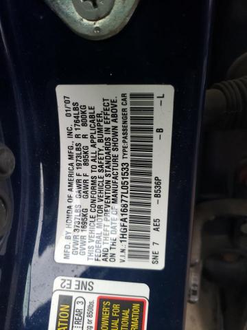 1HGFA16877L051533 - 2007 HONDA CIVIC EX BLUE photo 12