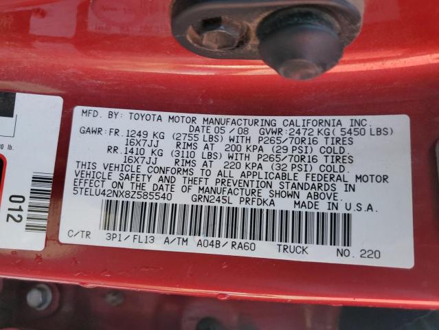 5TELU42NX8Z585540 - 2008 TOYOTA TACOMA DOUBLE CAB 栗色 照片 12