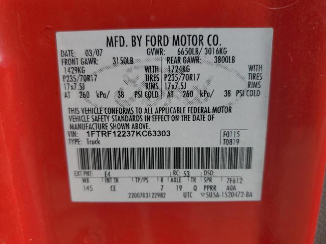 1FTRF12237KC63303 - 2007 FORD F150 RED photo 12