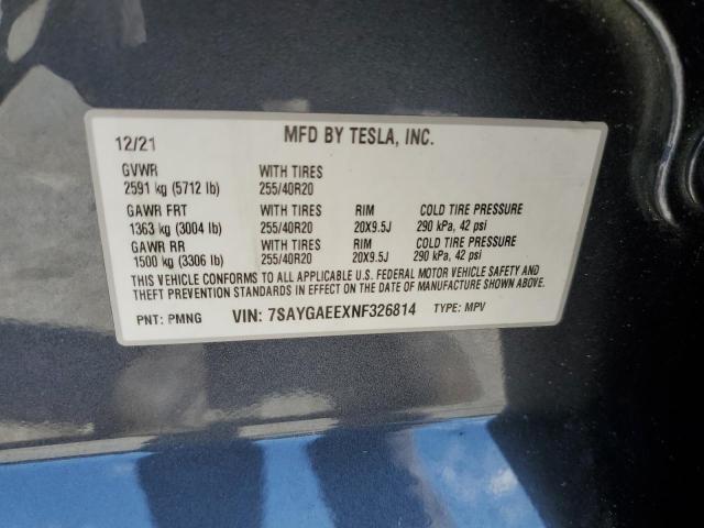 7SAYGAEEXNF326814 - 2022 TESLA MODEL Y BLACK photo 13