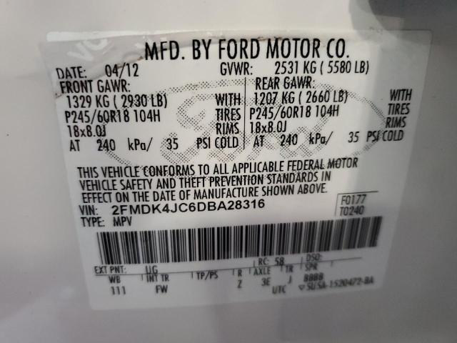 2FMDK4JC6DBA28316 - 2013 FORD EDGE SEL WHITE photo 13