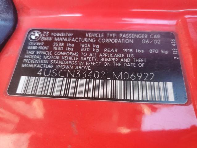4USCN33402LM06922 - 2002 BMW Z3 2.5 RED photo 12