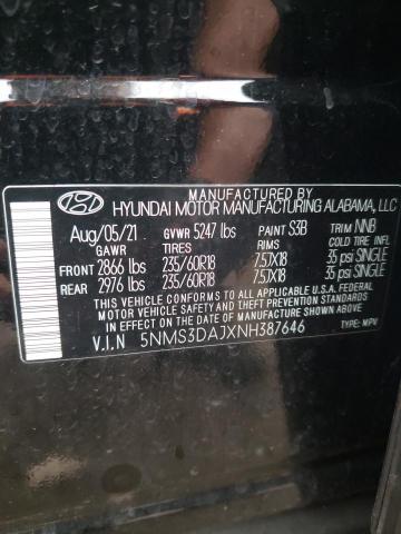 5NMS3DAJXNH387646 - 2022 HYUNDAI SANTA FE SEL BLACK photo 12