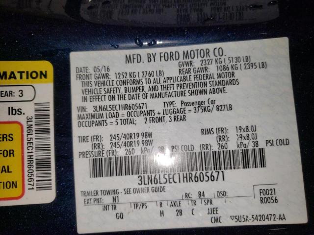 3LN6L5EC1HR605671 - 2017 LINCOLN MKZ RESERVE ლურჯი ფოტო 13