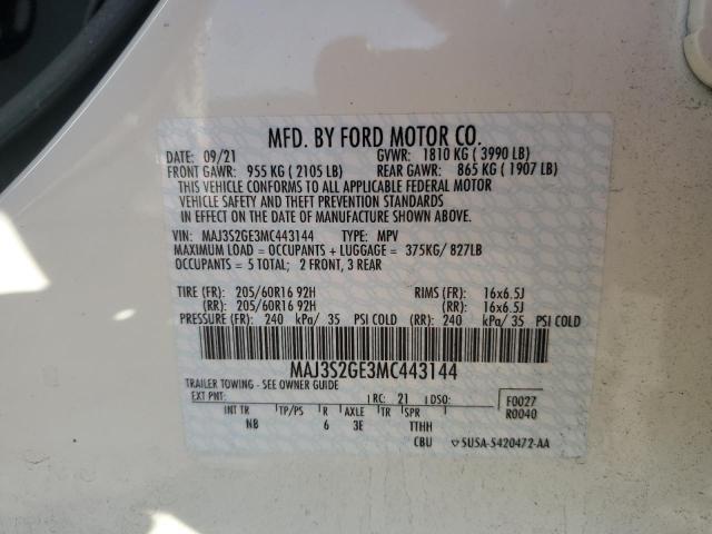 MAJ3S2GE3MC443144 - 2021 FORD ECOSPORT SE WHITE photo 12