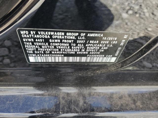 1VWLA7A36KC003804 - 2019 VOLKSWAGEN PASSAT WOLFSBURG BLACK photo 12