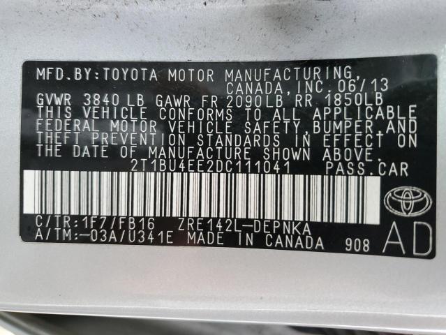 2T1BU4EE2DC111041 - 2013 TOYOTA COROLLA BASE SILVER photo 12