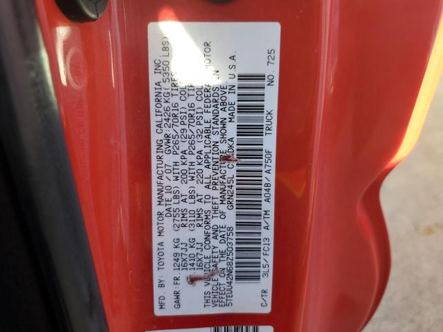 5TEUU42N68Z503758 - 2008 TOYOTA TACOMA ACCESS CAB წითელი ფოტო 12