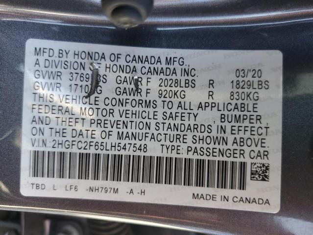 2HGFC2F65LH547548 - 2020 HONDA CIVIC LX GRAY photo 12