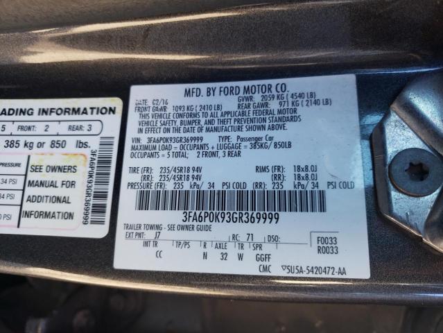 3FA6P0K93GR369999 - 2016 FORD FUSION TITANIUM GRAY photo 12